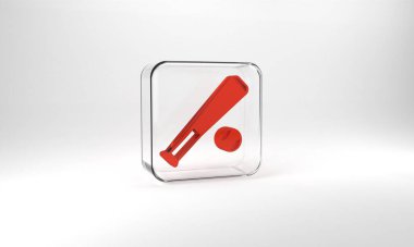 Red Baseball bat with ball icon isolated on grey background. Glass square button. 3d illustration 3D render.
