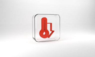Red Meteorology thermometer measuring icon isolated on grey background. Thermometer equipment showing hot or cold weather. Glass square button. 3d illustration 3D render.