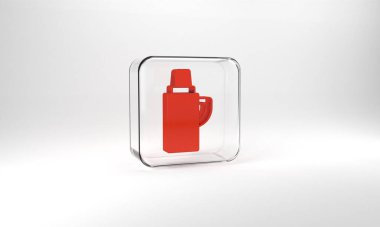 Red Thermos container icon isolated on grey background. Thermo flask icon. Camping and hiking equipment. Glass square button. 3d illustration 3D render.