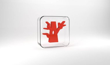 Red Bare tree icon isolated on grey background. Glass square button. 3d illustration 3D render.