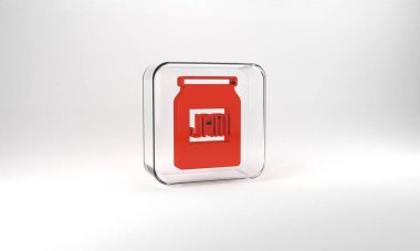Red Jam jar icon isolated on grey background. Glass square button. 3d illustration 3D render.