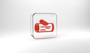 Red Wooden log icon isolated on grey background. Stack of firewood. Glass square button. 3d illustration 3D render.