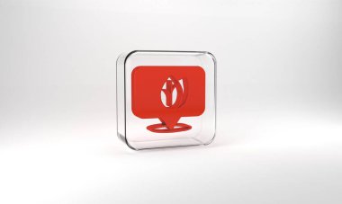Red Location pin with leaf inside icon isolated on grey background. Leaves sign. Fresh natural product symbol. Glass square button. 3d illustration 3D render.