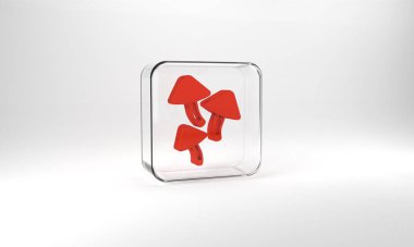 Red Mushroom icon isolated on grey background. Glass square button. 3d illustration 3D render.