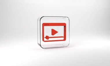 Red Online play video icon isolated on grey background. Film strip with play sign. Glass square button. 3d illustration 3D render.