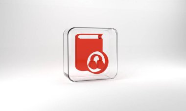 Red Audio book icon isolated on grey background. Book with headphones. Audio guide sign. Online learning concept. Glass square button. 3d illustration 3D render.