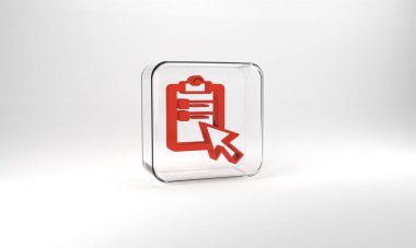 Red Online quiz, test, survey or checklist icon isolated on grey background. Exam list. E-education concept. Glass square button. 3d illustration 3D render.