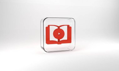 Red Audio book icon isolated on grey background. Play button and book. Audio guide sign. Online learning concept. Glass square button. 3d illustration 3D render.