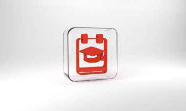 Red Online education and graduation icon isolated on grey background. Online teacher on monitor. Webinar and video seminar learning. Glass square button. 3d illustration 3D render.