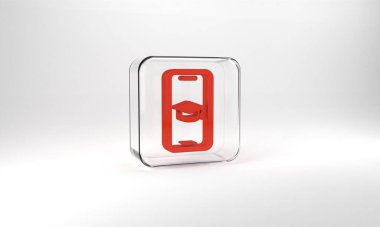 Red Graduation cap on screen smartphone icon isolated on grey background. Online learning or e-learning concept. Glass square button. 3d illustration 3D render.