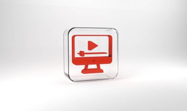 Red Online play video icon isolated on grey background. Film strip with play sign. Glass square button. 3d illustration 3D render.