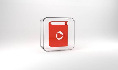 Red Audio book icon isolated on grey background. Play button and book. Audio guide sign. Online learning concept. Glass square button. 3d illustration 3D render.