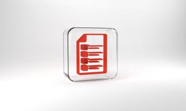 Red Online quiz, test, survey or checklist icon isolated on grey background. Exam list. E-education concept. Glass square button. 3d illustration 3D render.