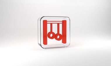 Red Gymnastic rings icon isolated on grey background. Playground equipment with hanging rope with rings. Glass square button. 3d illustration 3D render.