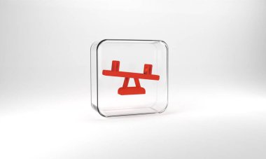 Red Seesaw icon isolated on grey background. Teeter equal board. Playground symbol. Glass square button. 3d illustration 3D render.