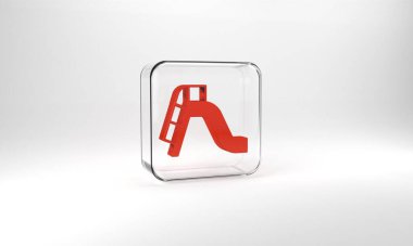 Red Slide playground icon isolated on grey background. Childrens slide. Glass square button. 3d illustration 3D render.