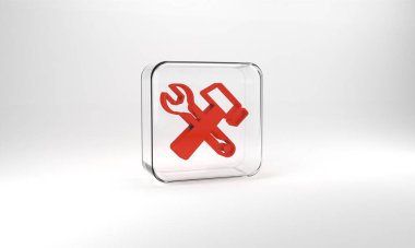Red Crossed hammer and wrench spanner icon isolated on grey background. Hardware tools. Glass square button. 3d illustration 3D render.