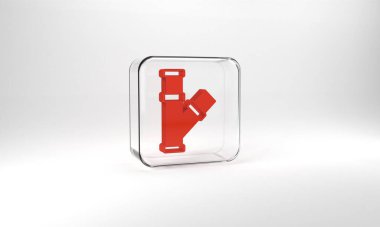 Red Industry metallic pipe icon isolated on grey background. Plumbing pipeline parts of different shapes. Glass square button. 3d illustration 3D render.