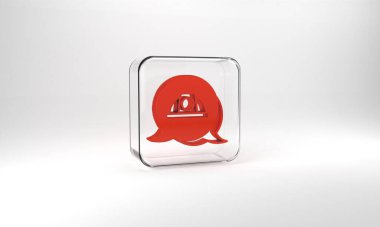 Red Worker safety helmet icon isolated on grey background. Glass square button. 3d illustration 3D render.
