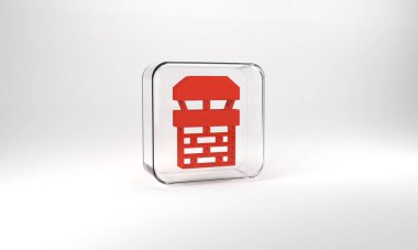 Red Chimney icon isolated on grey background. Glass square button. 3d illustration 3D render.