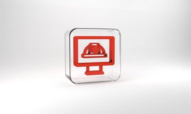 Red Worker safety helmet icon isolated on grey background. Glass square button. 3d illustration 3D render.