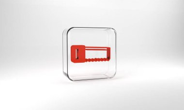 Red Hand saw icon isolated on grey background. Glass square button. 3d illustration 3D render.