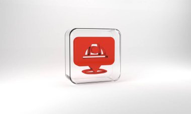 Red Worker safety helmet icon isolated on grey background. Glass square button. 3d illustration 3D render.