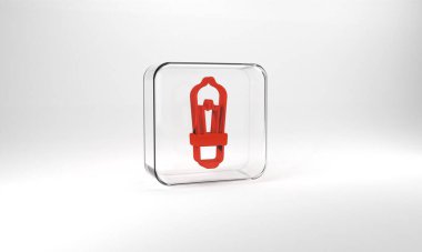 Red Light bulb with concept of idea icon isolated on grey background. Energy and idea symbol. Inspiration concept. Glass square button. 3d illustration 3D render.