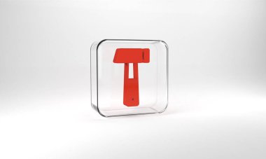 Red Hammer icon isolated on grey background. Tool for repair. Glass square button. 3d illustration 3D render.