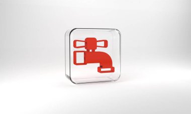 Red Water tap icon isolated on grey background. Glass square button. 3d illustration 3D render.