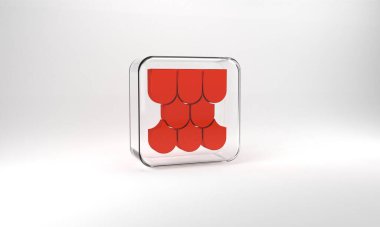 Red Roof tile icon isolated on grey background. Glass square button. 3d illustration 3D render.