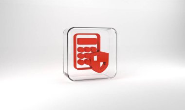 Red Security system control panel with display icon isolated on grey background. Keypad of security system for entering inside. Glass square button. 3d illustration 3D render.