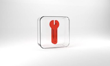 Red Wrench spanner icon isolated on grey background. Spanner repair tool. Service tool symbol. Glass square button. 3d illustration 3D render.
