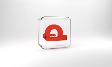 Red Roulette construction icon isolated on grey background. Tape measure symbol. Glass square button. 3d illustration 3D render.