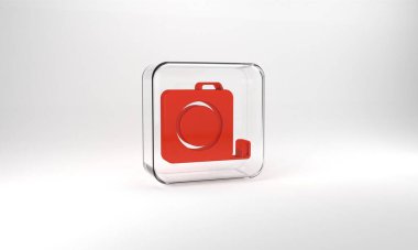 Red Roulette construction icon isolated on grey background. Tape measure symbol. Glass square button. 3d illustration 3D render.