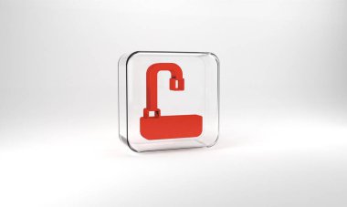 Red Washbasin with water tap icon isolated on grey background. Glass square button. 3d illustration 3D render.