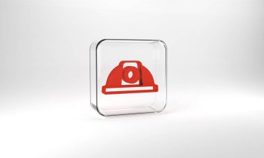 Red Worker safety helmet icon isolated on grey background. Glass square button. 3d illustration 3D render.