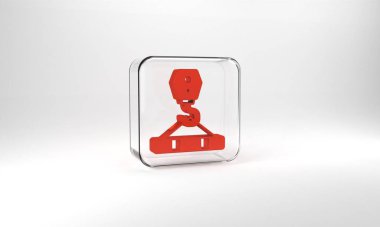 Red Crane hook icon isolated on grey background. Industrial hook icon. Glass square button. 3d illustration 3D render.
