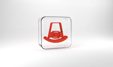 Red Leprechaun hat icon isolated on grey background. Happy Saint Patricks day. National Irish holiday. Glass square button. 3d illustration 3D render.