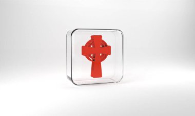 Red Celtic cross icon isolated on grey background. Happy Saint Patricks day. National Irish holiday. Glass square button. 3d illustration 3D render.