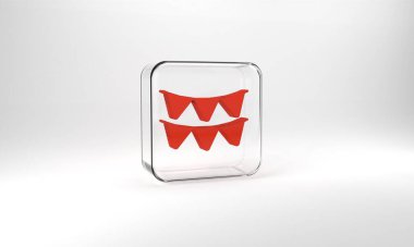 Red Carnival garland with flags icon isolated on grey background. Party pennants for birthday celebration, festival decoration. Glass square button. 3d illustration 3D render.