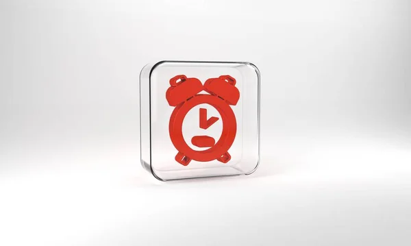 Red Alarm clock icon isolated on grey background. Wake up, get up concept. Time sign. Glass square button. 3d illustration 3D render.