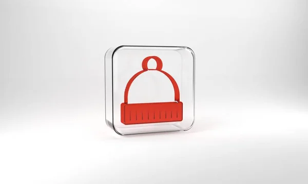 Red Winter Hat Icon Isolated Grey Background Glass Square Button — Stockfoto