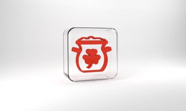 Red Pot of gold coins icon isolated on grey background. Happy Saint Patricks day. National Irish holiday. Glass square button. 3d illustration 3D render.
