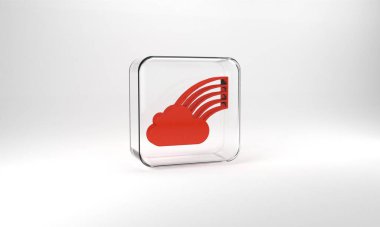 Red Rainbow with cloud icon isolated on grey background. Happy Saint Patricks day. National Irish holiday. Glass square button. 3d illustration 3D render.