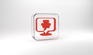 Red Clover trefoil leaf icon isolated on grey background. Happy Saint Patricks day. National Irish holiday. Glass square button. 3d illustration 3D render.