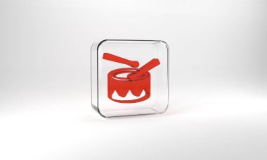 Red Drum with drum sticks icon isolated on grey background. Music sign. Musical instrument symbol. Glass square button. 3d illustration 3D render.