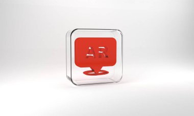 Red Augmented reality AR icon isolated on grey background. Virtual futuristic wearable devices. Glass square button. 3d illustration 3D render.