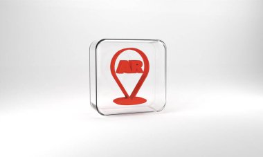 Red Augmented reality AR icon isolated on grey background. Virtual futuristic wearable devices. Glass square button. 3d illustration 3D render.