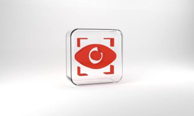 Red Big brother electronic eye icon isolated on grey background. Global surveillance technology, computer systems and networks security. Glass square button. 3d illustration 3D render.